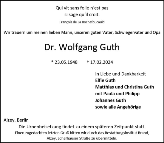 Traueranzeige von Wolfgang Guth von Allgemeine Zeitung Alzey