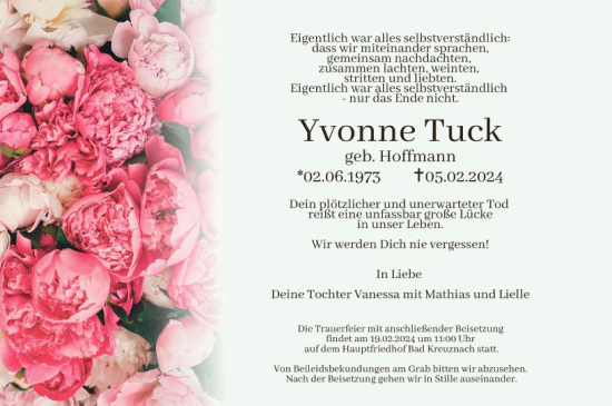 Traueranzeige von Yvonne Tuck von Allgemeine Zeitung Bingen/Ingelheim