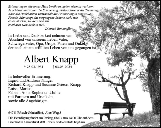 Traueranzeige von Albert Knapp von Odenwälder Echo
