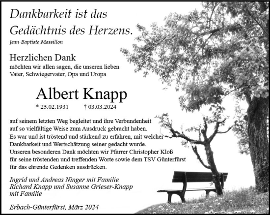 Traueranzeige von Albert Knapp von Odenwälder Echo