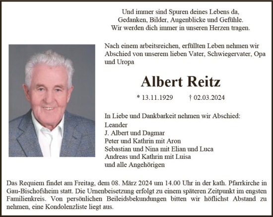 Traueranzeige von Albert Reitz von Allgemeine Zeitung Mainz
