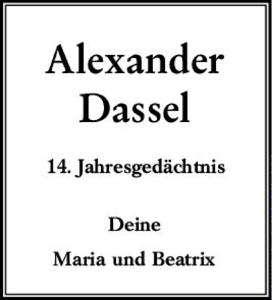 Traueranzeige von Alexander Dassel von Wiesbadener Kurier