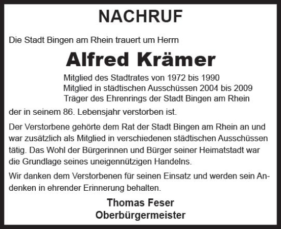 Traueranzeige von Alfred Krämer von Allgemeine Zeitung Bingen/Ingelheim