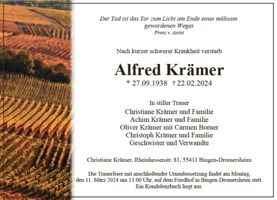 Traueranzeige von Alfred Krämer von Allgemeine Zeitung Bingen/Ingelheim