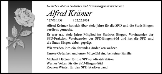 Traueranzeige von Alfred Krämer von Allgemeine Zeitung Bingen/Ingelheim