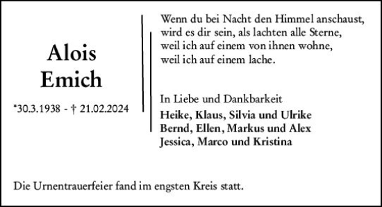 Traueranzeige von Alois Emich von Darmstädter Echo