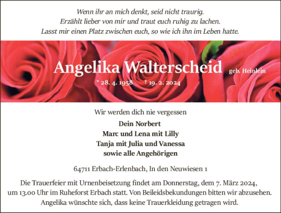 Traueranzeige von Angelika Walterscheid von Odenwälder Echo