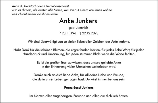 Traueranzeige von Anke Junkers von Allgemeine Zeitung Alzey