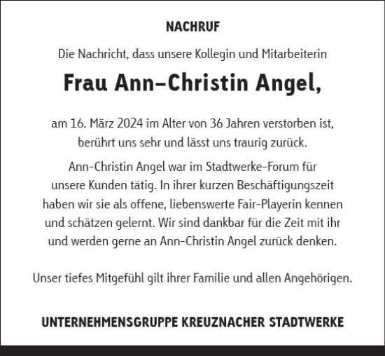 Traueranzeige von Ann-Christin Angel von Allgemeine Zeitung Bad Kreuznach