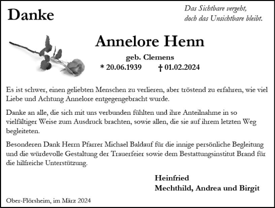 Traueranzeige von Annelore Henn von Allgemeine Zeitung Alzey