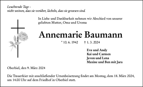 Traueranzeige von Annemarie Baumann von Wetzlarer Neue Zeitung