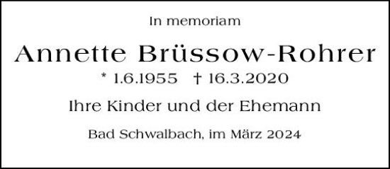 Traueranzeige von Annette Brüssow-Rohrer von Wiesbadener Kurier