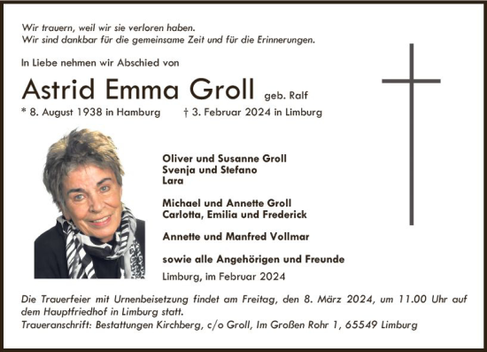 Traueranzeige von Astrid Emma Groll von Nassauische Neue Presse