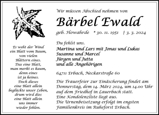 Traueranzeige von Bärbel Ewald von Odenwälder Echo