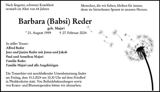 Traueranzeige von Barbara Reder von Wormser Zeitung