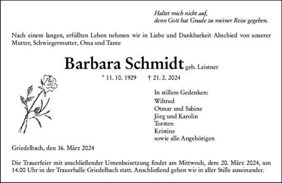 Traueranzeige von Barbara Schmidt von Wetzlarer Neue Zeitung