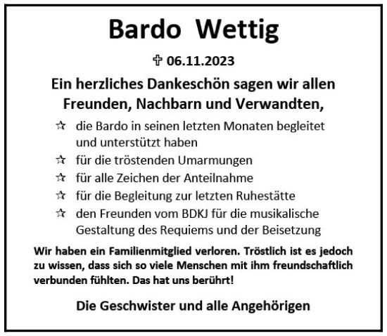 Traueranzeige von Bardo Wettig von Allgemeine Zeitung Mainz