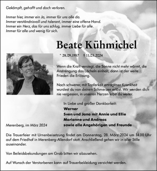 Traueranzeige von Beate Kühmichel von Weilburger Tageblatt