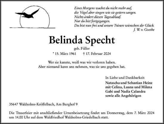 Traueranzeige von Belinda Specht von Wetzlarer Neue Zeitung