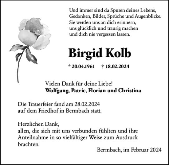 Traueranzeige von Birgid Kolb von Camberger Anzeiger