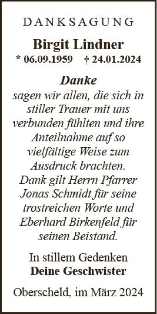 Traueranzeige von Birgit Lindner von Dill Block