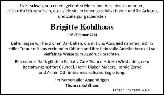 Traueranzeige von Brigitte Kohlhaas von Wiesbadener Kurier
