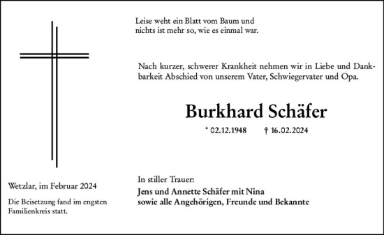 Traueranzeige von Burkhard Schäfer von Wetzlarer Neue Zeitung