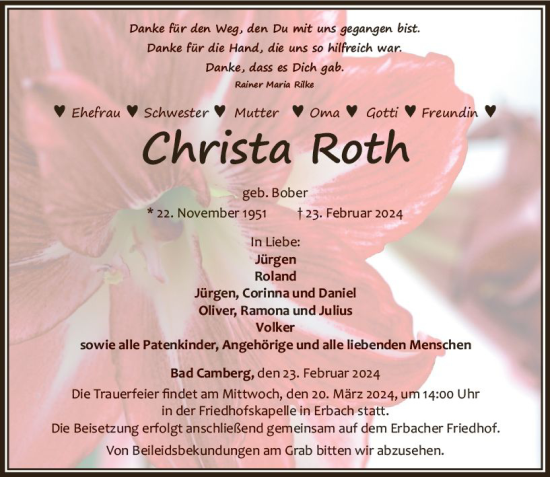 Traueranzeige von Christa Roth von Camberger Anzeiger