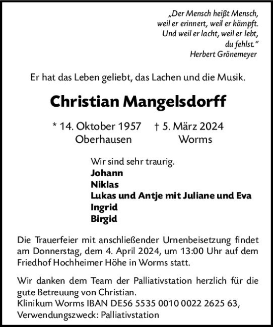 Traueranzeige von Christian Mangelsdorff von Wormser Zeitung