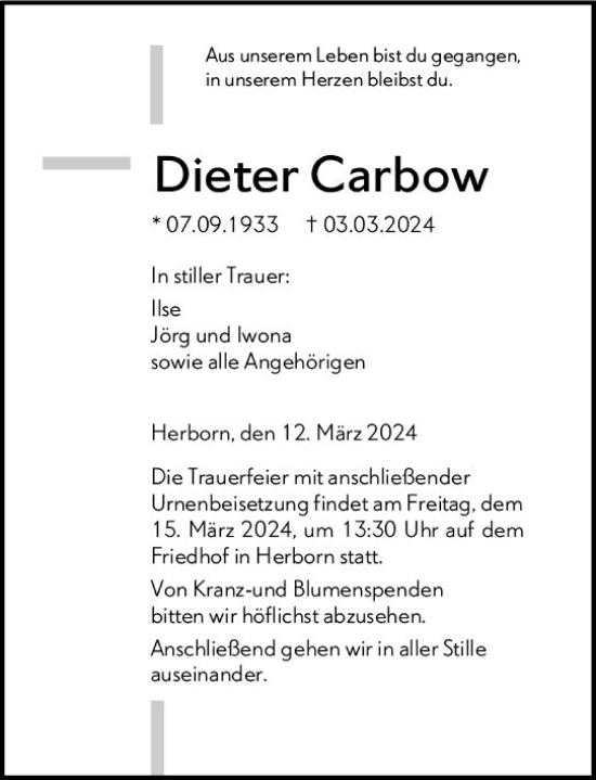 Traueranzeige von Dieter Carbow von Dill Block