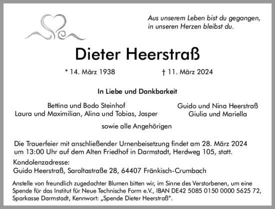 Traueranzeige von Dieter Heerstraß von Odenwälder Echo