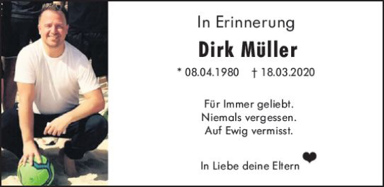 Traueranzeige von Dirk Müller von Allgemeine Zeitung Mainz