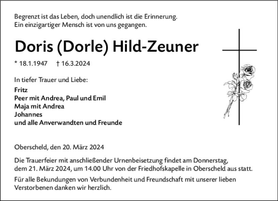 Traueranzeige von Doris Hild-Zeuner von Dill Block