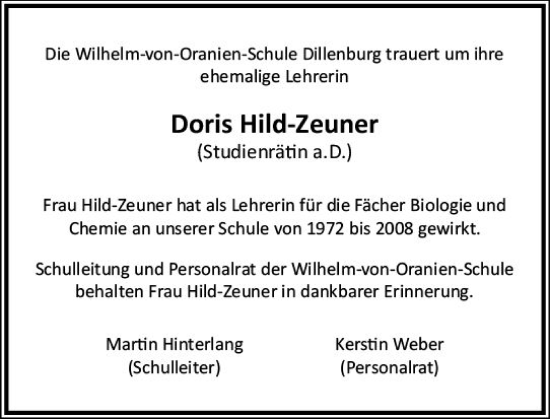 Traueranzeige von Doris Hild-Zeuner von Dill Block