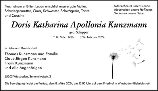 Traueranzeige von Doris Katharina Apollonia Kunzmann von Wiesbadener Kurier