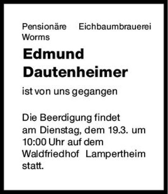 Traueranzeige von Edmund Dautenheimer von Wormser Zeitung