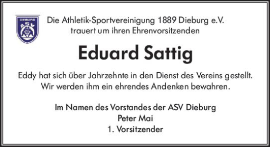Traueranzeige von Eduard Sattig von Dieburger Anzeiger/Groß-Zimmerner Lokal-Anzeiger
