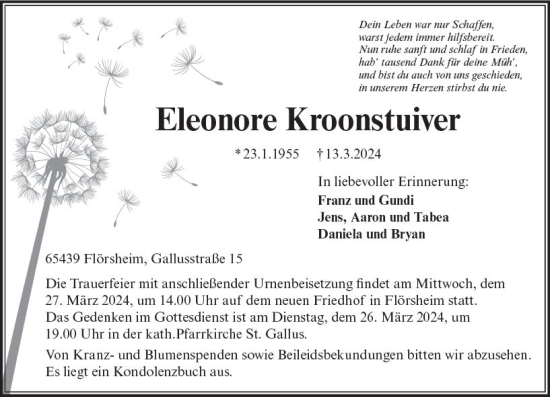 Traueranzeige von Eleonore Kroonstuiver von Rüsselsheimer Echo