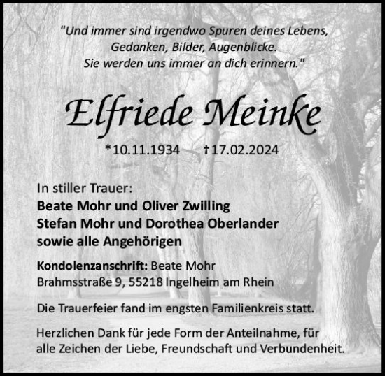 Traueranzeige von Elfriede Meinke von Allgemeine Zeitung Bingen/Ingelheim