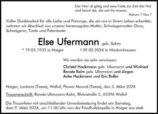 Traueranzeige von Else Ufermann von Dill Block