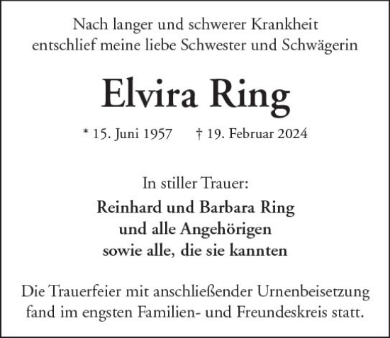 Traueranzeige von Elvira Ring von Wetzlarer Neue Zeitung