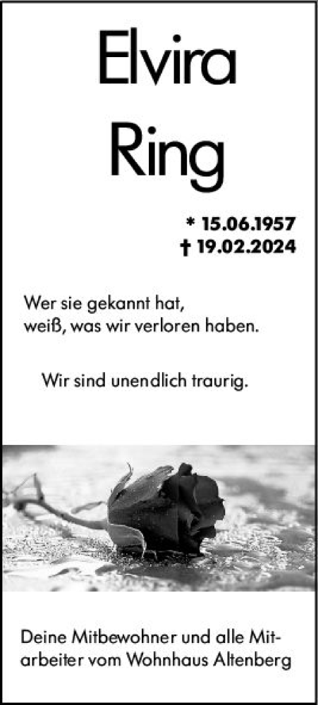 Traueranzeige von Elvira Ring von Wetzlarer Neue Zeitung