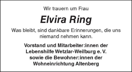Traueranzeige von Elvira Ring von Weilburger Tageblatt