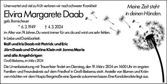 Traueranzeige von Elvira Margarete Daab von Darmstädter Echo