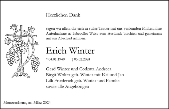 Traueranzeige von Erich Winter von Allgemeine Zeitung Alzey