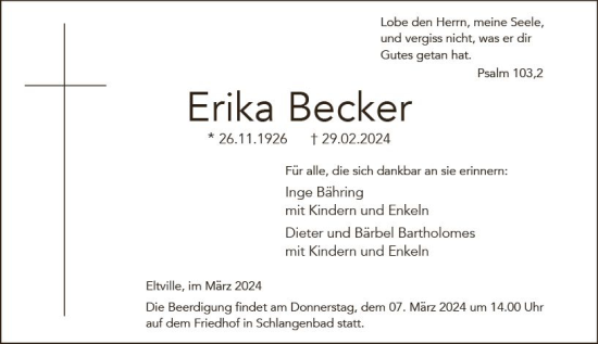 Traueranzeige von Erika Becker von Rheingau Kurier