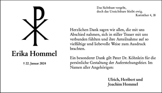 Traueranzeige von Erika Hommel von Allgemeine Zeitung Mainz