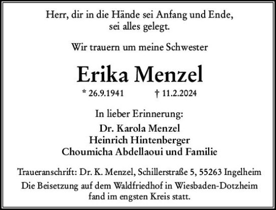 Traueranzeige von Erika Menzel von Wiesbadener Kurier