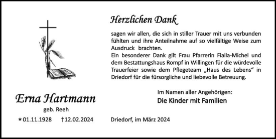 Traueranzeige von Erna Hartmann von Dill Block