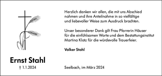 Traueranzeige von Ernst Stahl von Weilburger Tageblatt